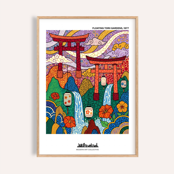 Floating torii gates garden poster with waterfalls and lanterns illustration