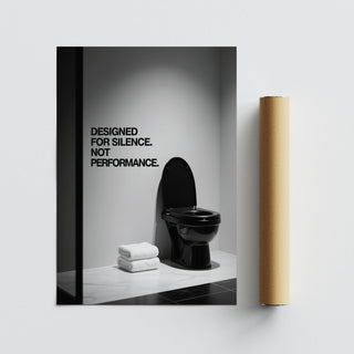 Simple Funny Toilet Wall Art with graphic text on gray wall.