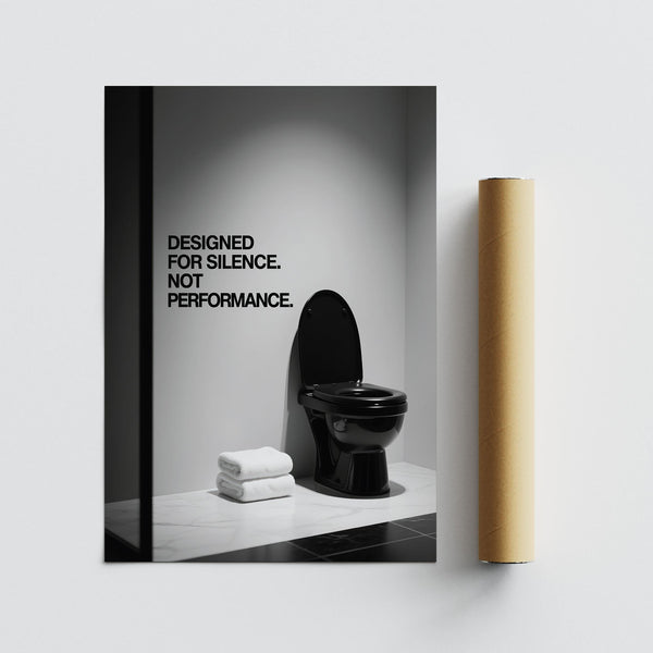 Simple Funny Toilet Wall Art with graphic text on gray wall.