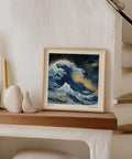 Blue waves with golden highlights poster for home decor.