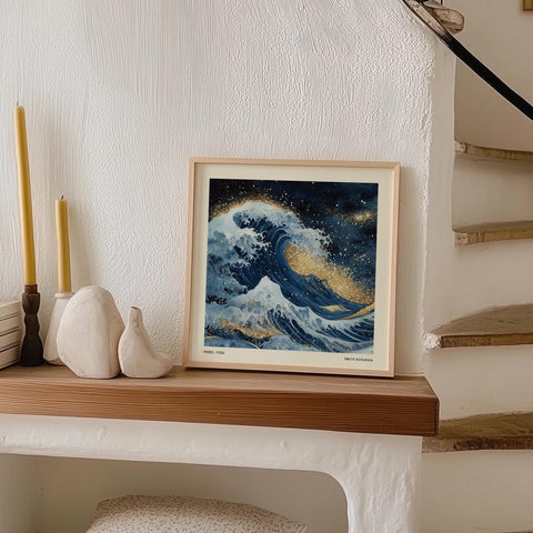 Blue waves with golden highlights poster for home decor.