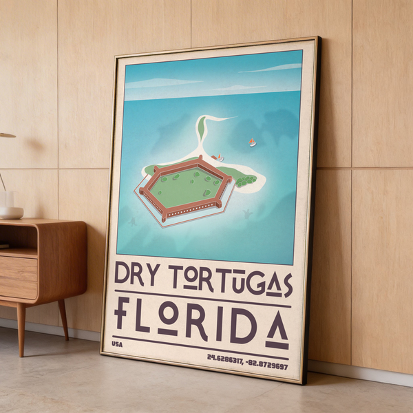 Retro coastal poster with turquoise water and Beige beach sweep