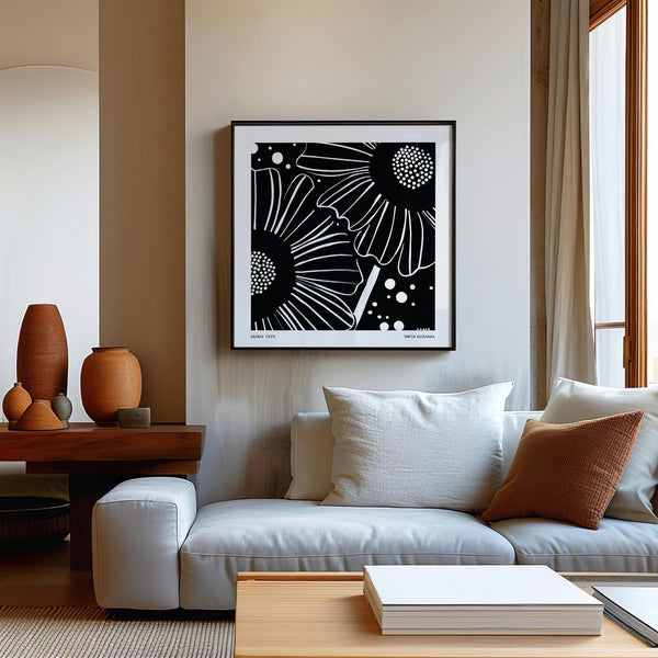 Matte print of abstract monochrome blooms in black white floral art