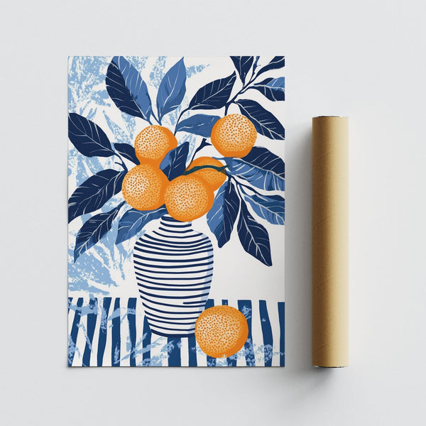 Orange blue wall art shown with minimalist decor and ceramic vase.