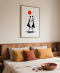 Warli Folk Art Print featuring black dancers and orange sun on white