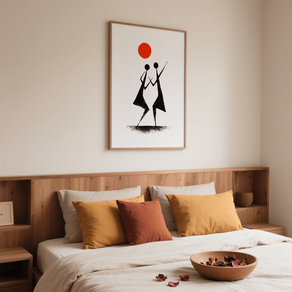 Warli Folk Art Print featuring black dancers and orange sun on white