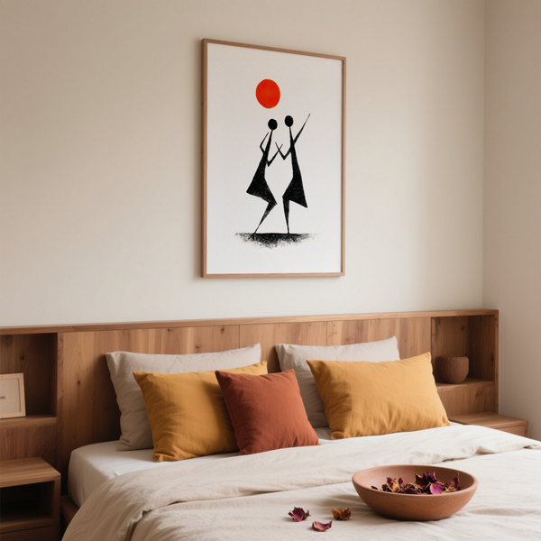 Warli Folk Art Print featuring black dancers and orange sun on white