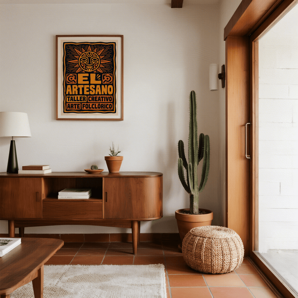 Block print poster with sun medallion, rays, and ARTESANO lettering
