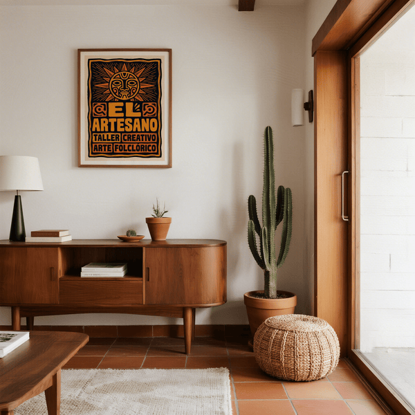 Block print poster with sun medallion, rays, and ARTESANO lettering