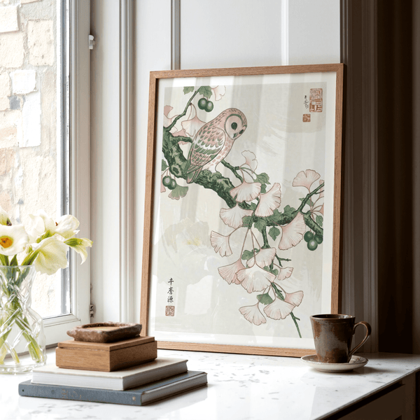 Vintage-style poster print of owl on tree branch with botanical leaves