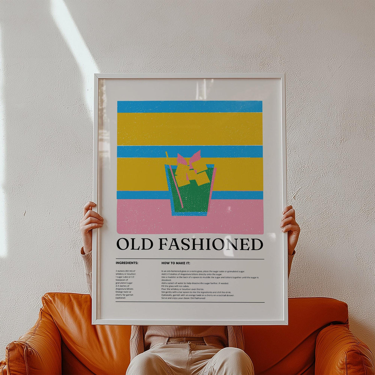 Drink wall art for kitchen featuring Old Fashioned cocktail recipe print.
