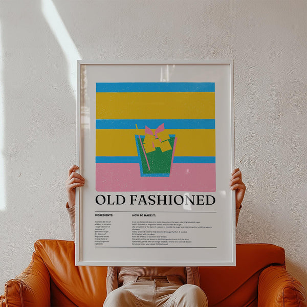 Drink wall art for kitchen featuring Old Fashioned cocktail recipe print.