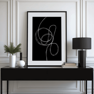 Contemporary abstract poster with curved white path on dark field