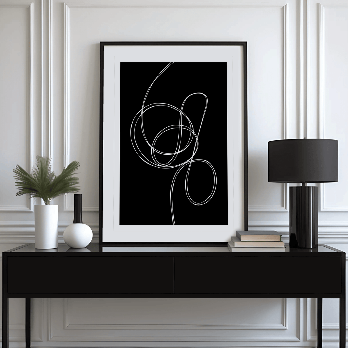 Contemporary abstract poster with curved white path on dark field