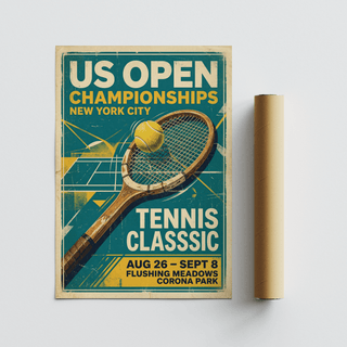 Flat lay of rolled tennis poster with worn edges and Yellow color palette
