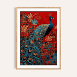 Framed Indian Peacock Art Print showing detailed blue and gold peacock on red background