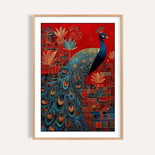 Indian Peacock Art Print hanging above a wooden console table