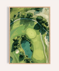 Bird’s-eye golf course wall art poster with putting green and water hazard