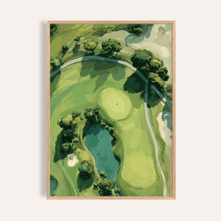 Bird’s-eye golf course wall art poster with putting green and water hazard