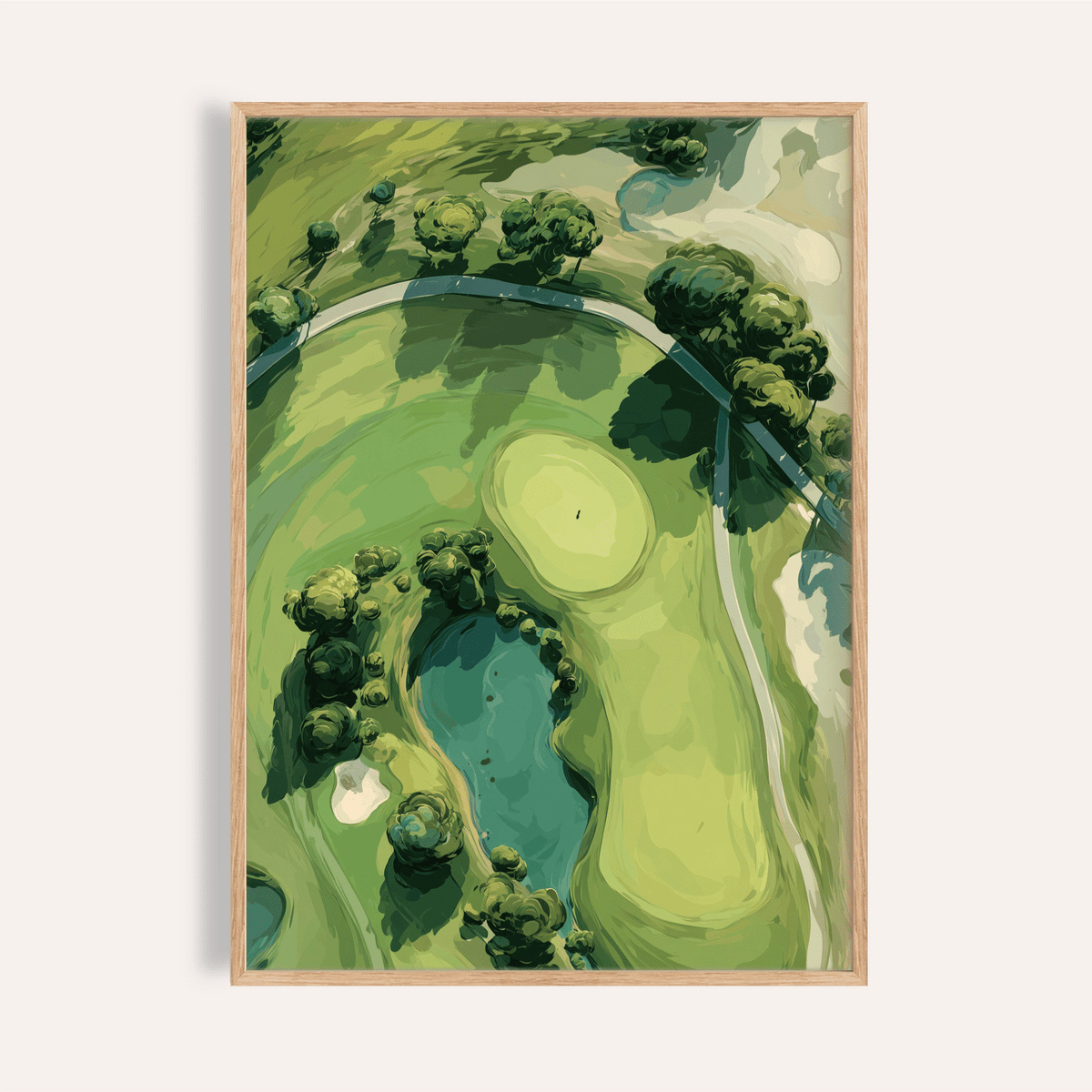 Bird’s-eye golf course wall art poster with putting green and water hazard