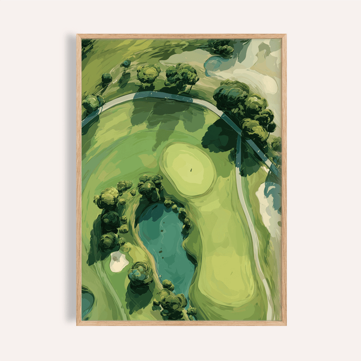 Bird’s-eye golf course wall art poster with putting green and water hazard