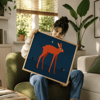 Orange Rabbit Wall Art poster depicting a long-legged rabbit and cactus shapes
