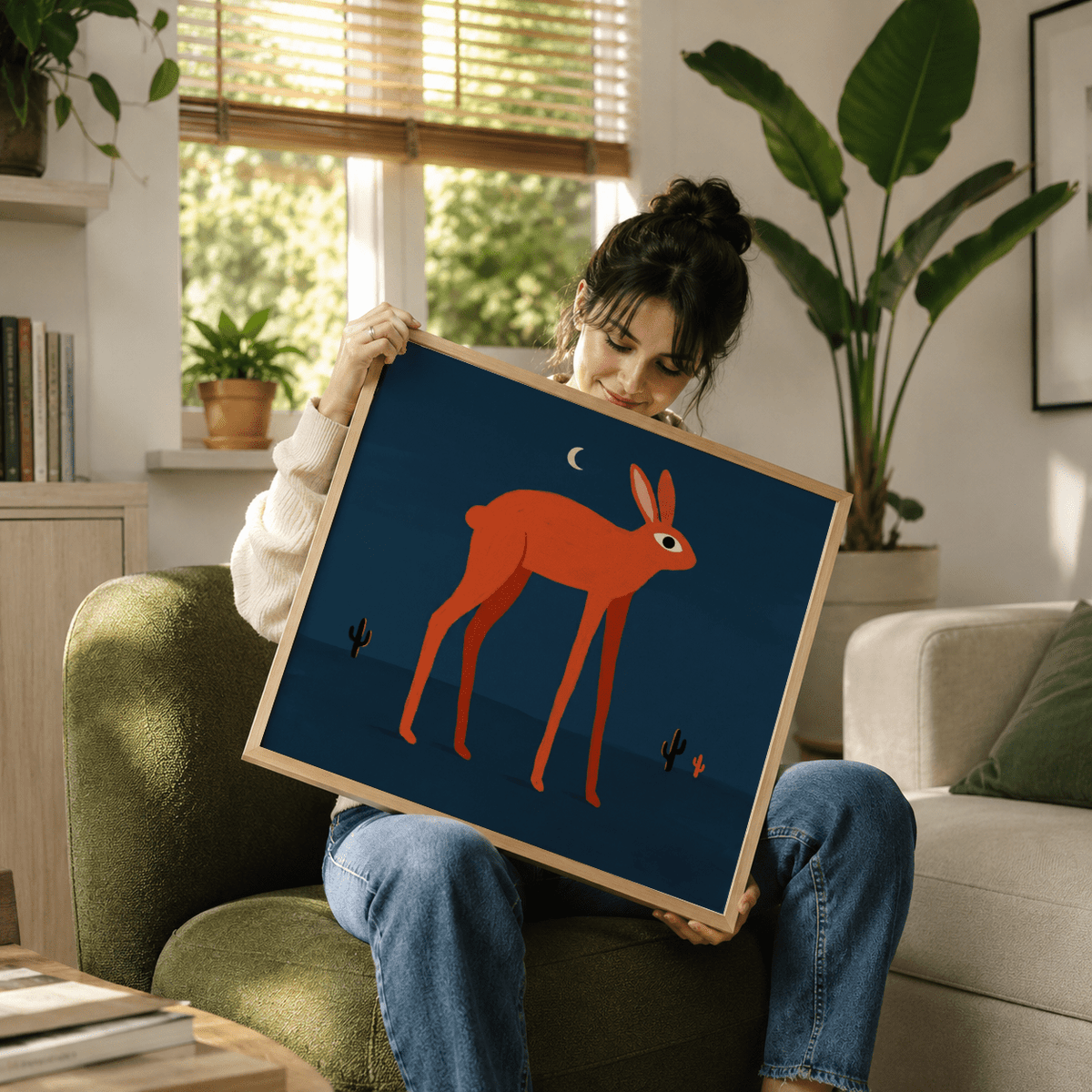 Orange Rabbit Wall Art poster depicting a long-legged rabbit and cactus shapes