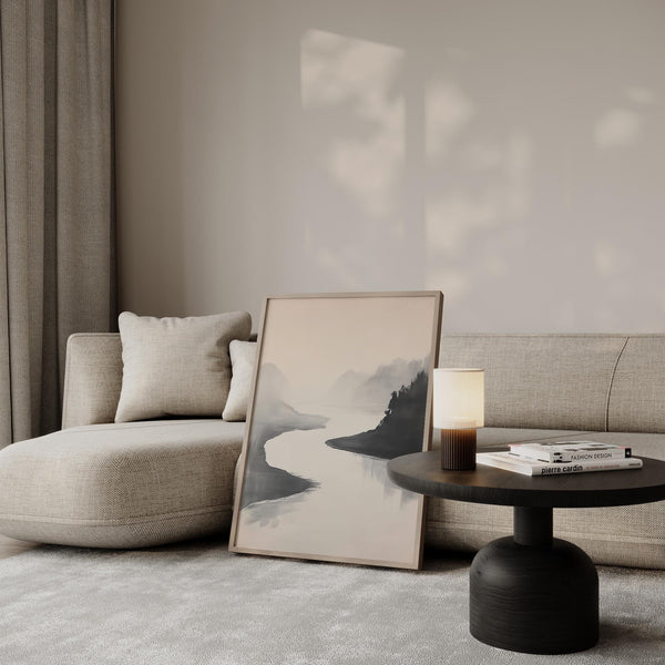 Monochrome Japanese ink wash painting with a serene river landscape.