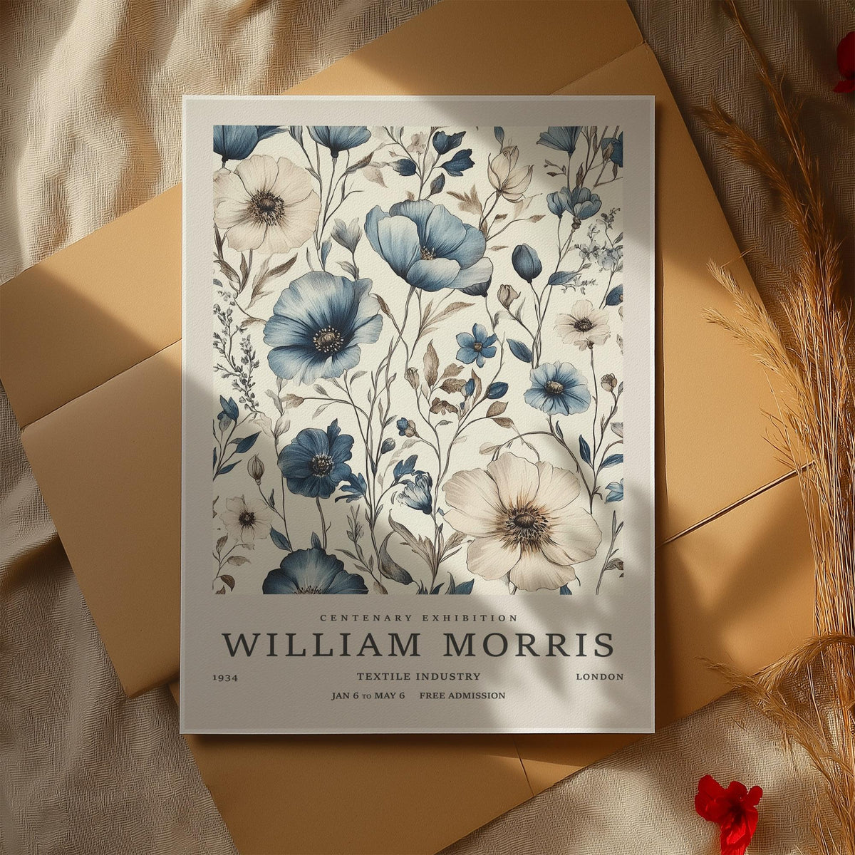 Elegant floral neutral wall art for living room with soft poppies and delicate stems.