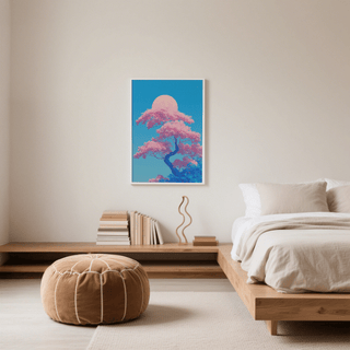 Japanese Cherry Blossom Print colorful art print for dining room with pink focus