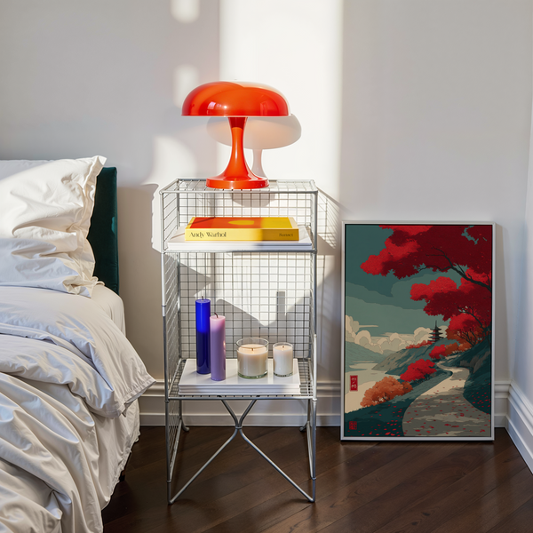 Minimal landscape wall art print with layered mountains, water, and cloud shapes