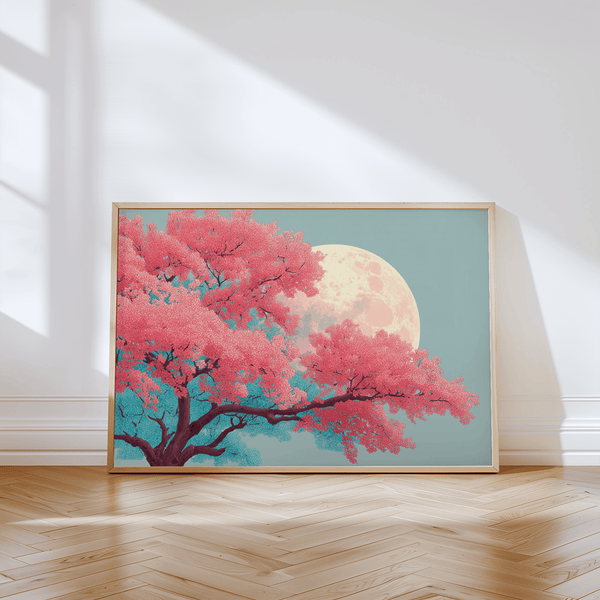 Japanese Moon Tree Art featuring pink blossoms for bedroom decor