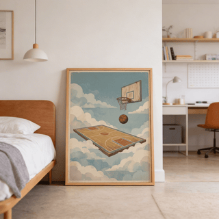 Tilted court platform set against open blue sky artwork