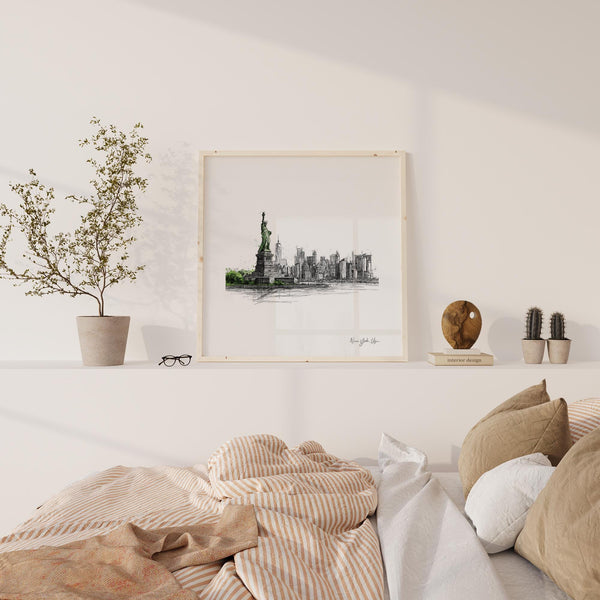 Manhattan skyline illustration with New York City travel poster in square format