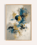 Abstract Blue Gold Wall Art poster with blue, gold, and beige tones for living room