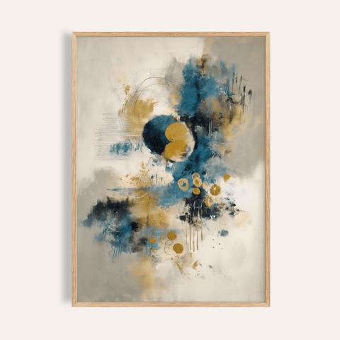 Abstract Blue Gold Wall Art poster with blue, gold, and beige tones for living room