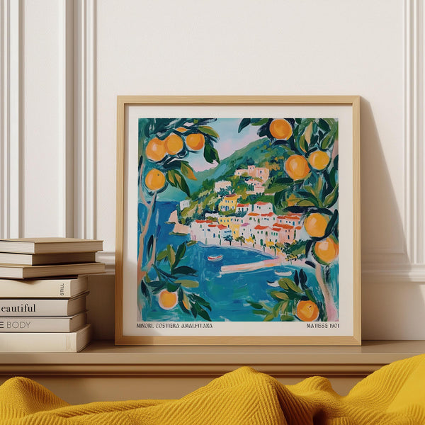 Amalfi Wall Art featuring a bright lemon tree and coastal village in painterly Italian style.