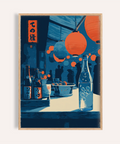 Framed-style view of Japanese Market Wall Art poster with hanging paper lanterns and bottle display