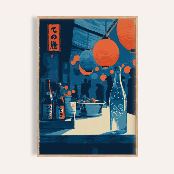 Framed-style view of Japanese Market Wall Art poster with hanging paper lanterns and bottle display