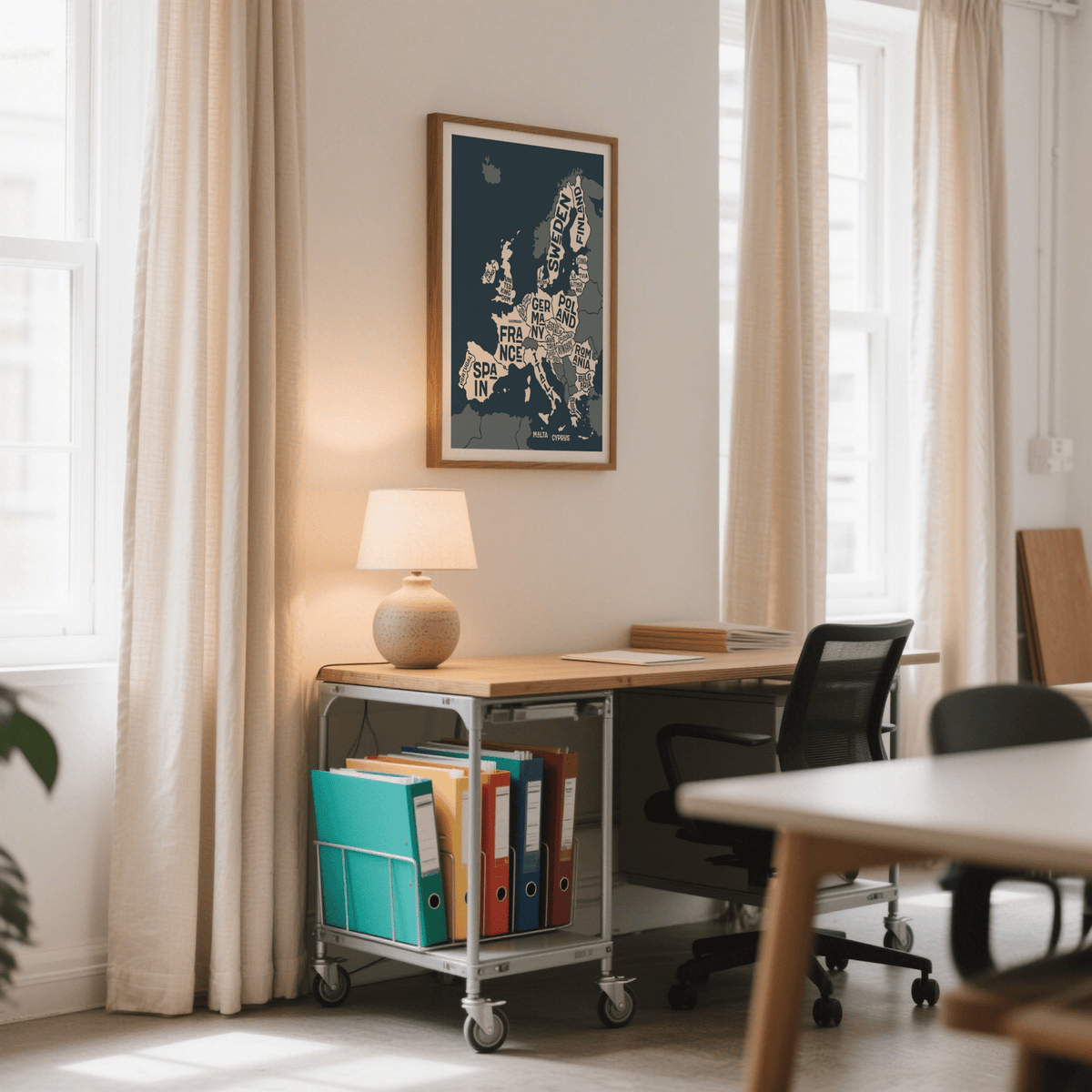 Educational Europe Map Print in blue, beige, and white for living room poster
