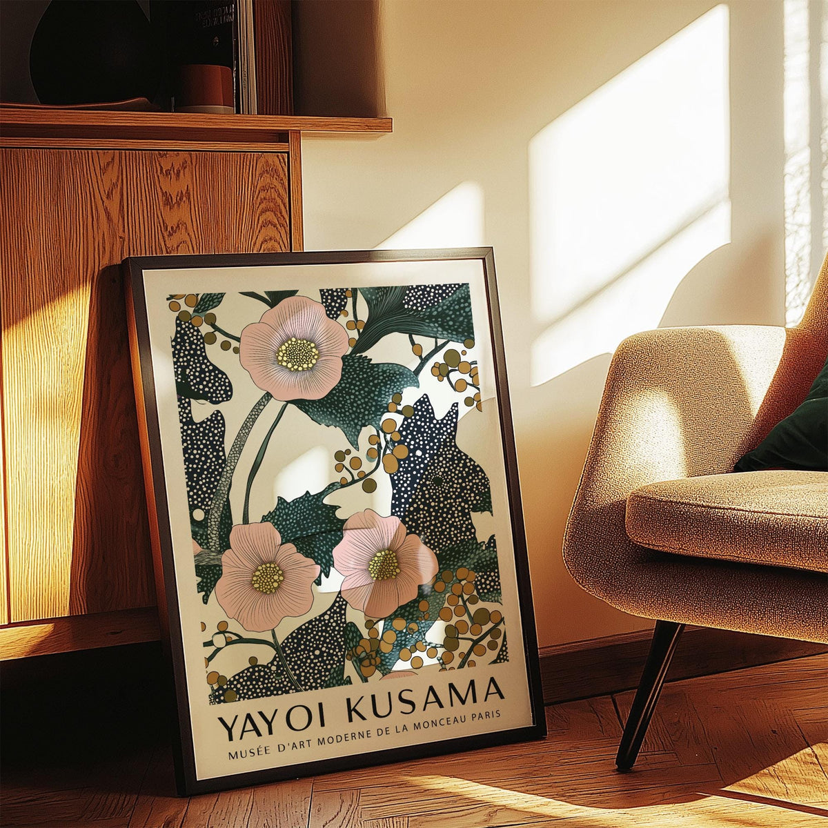 Bedroom pink wall art with blush petals and abstract leaves