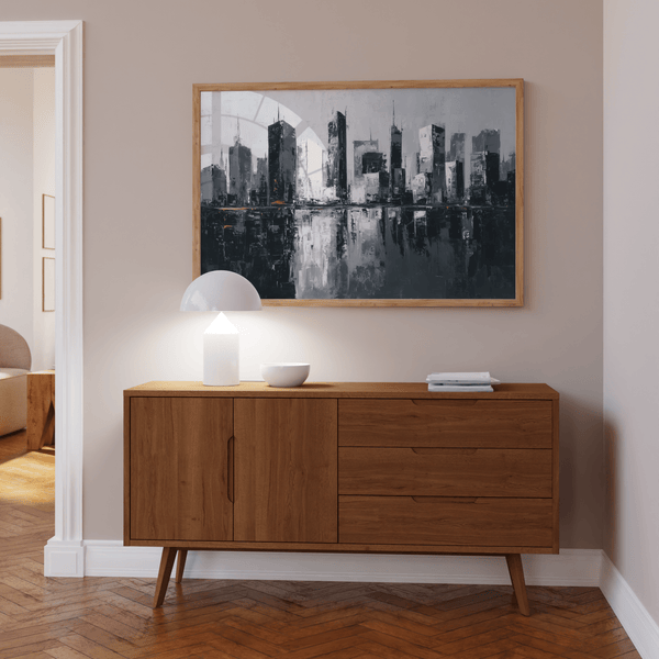 Reflective City Skylines Wall Art in Black and White for entryway