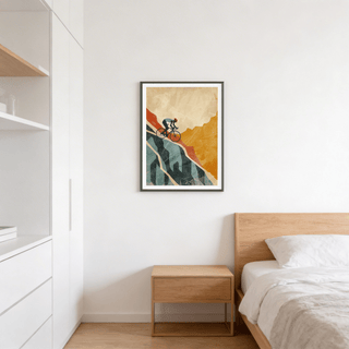 Sport-themed wall art poster of bicyclist climbing a steep ridge