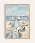 Beach Umbrella Art Print in blue, beige, and white for living room wall art