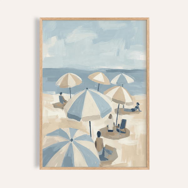 Beach Umbrella Art Print in blue, beige, and white for living room wall art