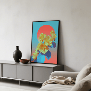 Vibrant Floral Wall Art in blue, pink, yellow designed for modern kitchen wall art