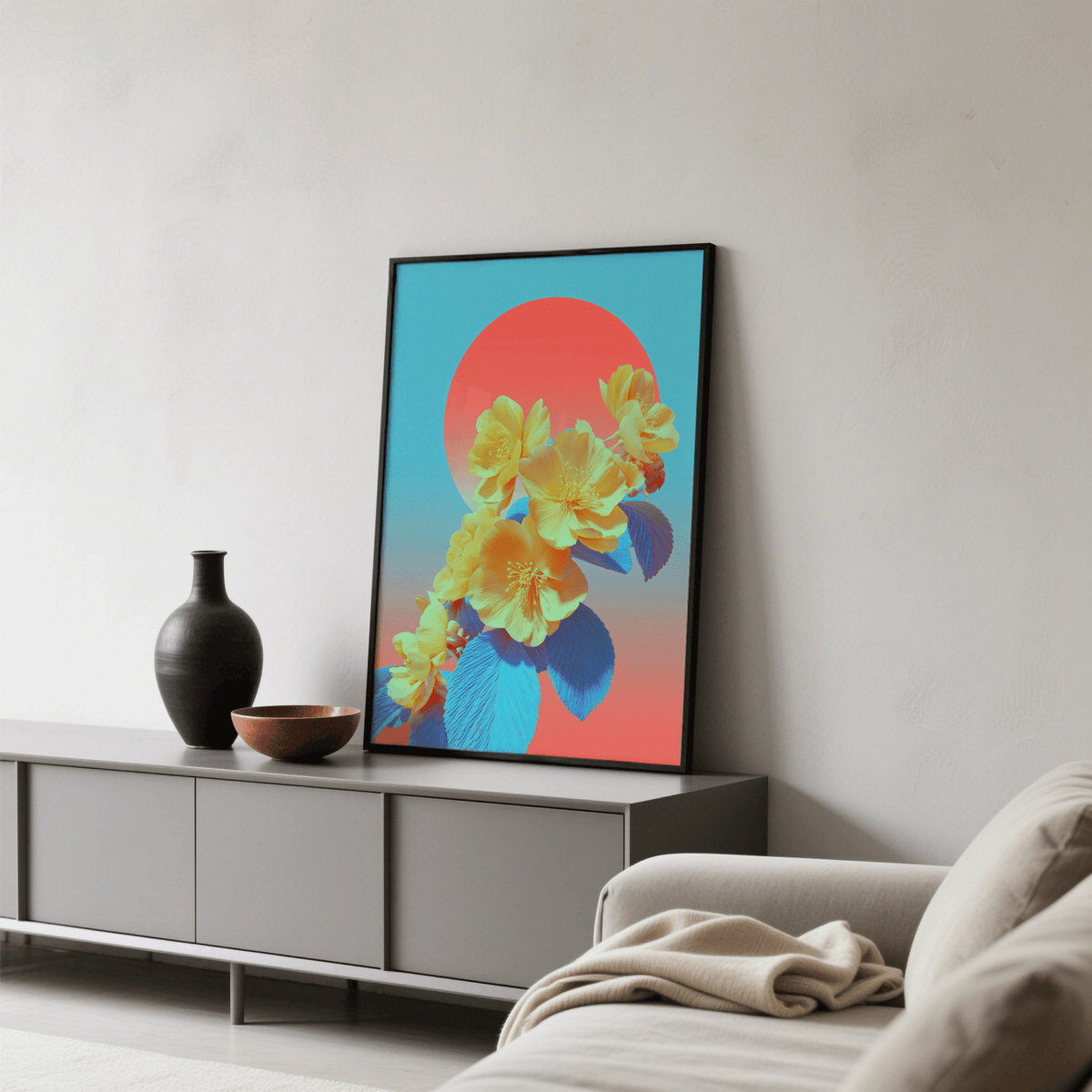 Vibrant Floral Wall Art in blue, pink, yellow designed for modern kitchen wall art
