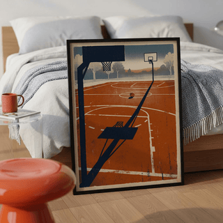 Illustrated sports poster of a public basketball court with horizon trees in the background
