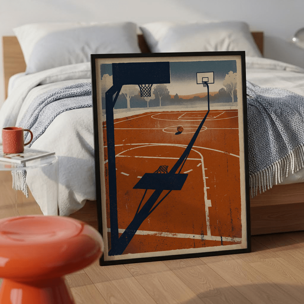 Illustrated sports poster of a public basketball court with horizon trees in the background