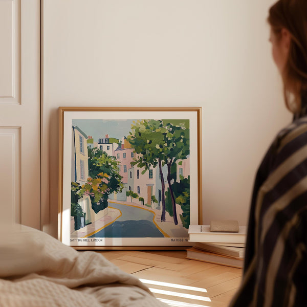 Expressive street scene with curved road in a quiet Notting Hill moment.